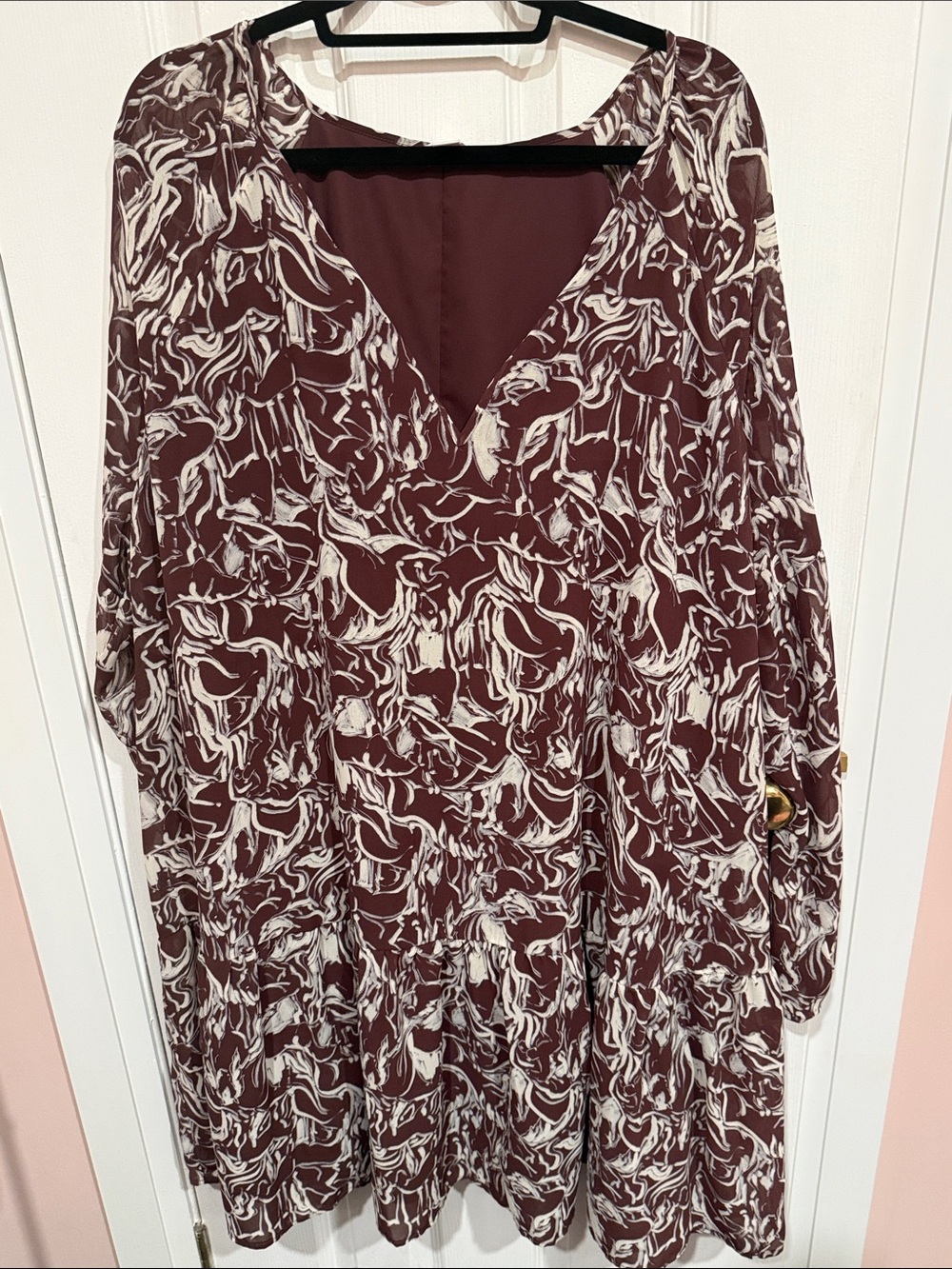 Joe Fresh Burgundy & Cream Abstract V-Neck Long Sleeve Dress